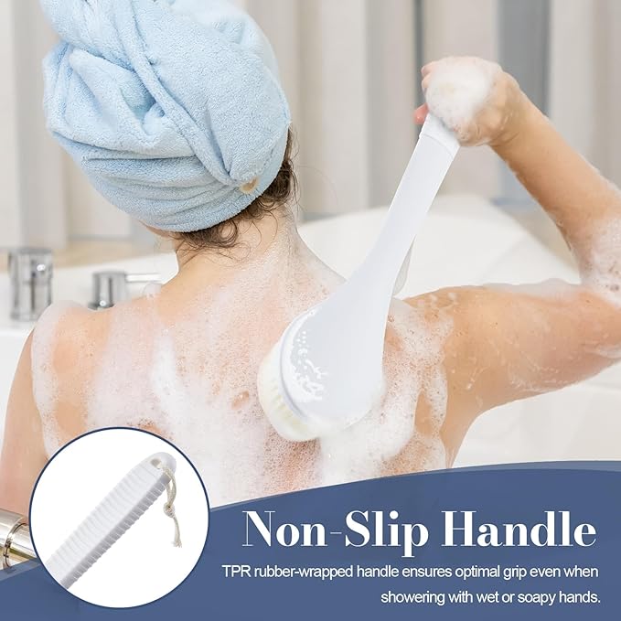 Back Scrubber for Shower, Shower Body Brush for Cleaning with Long Handle for Showering, 17 Inch Back Washer Exfoliator for Shower Men Women with Non-Slip Handle, Adhesive Hook (White)