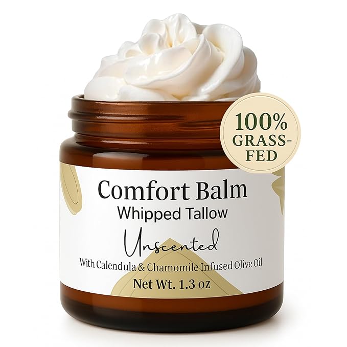 Whipped Tallow Balm – 100% Grass Fed Beef Tallow for Baby, Eczema & Sensitive Skin; Double-Infused with Calendula & Chamomile Herbs (Unscented Herb-Infused)