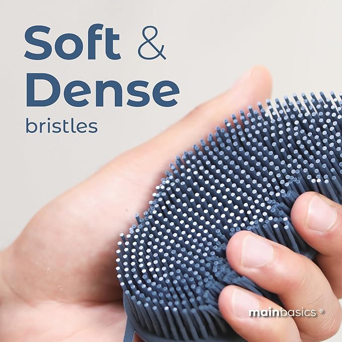 MainBasics Silicone Body Scrubber – Dual-Sided Shower Exfoliator for Men & Women, Gentle Silicone Loofah Alternative for Deep Clean (Dark Blue, Exfoliate)