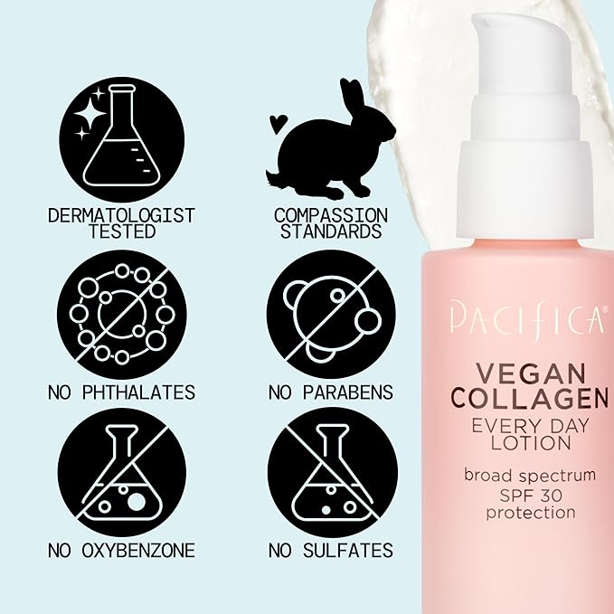 Pacifica Beauty Vegan Collagen SPF 30 Broad Spectrum Sunscreen Every Day Face Lotion, UVA/UVB Protection for All Skin Types, Lightweight, Moisturizing & Hydrating, Cruelty Free, White, 1.7 Fl Oz