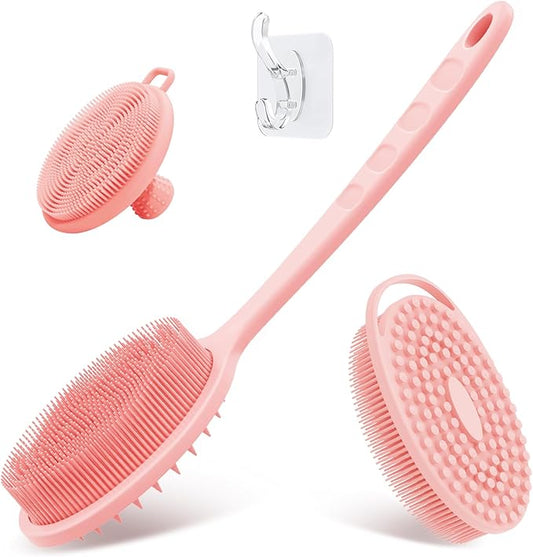 Silicone Back & Body & Face Scrubber Set 3PCS, Gentle Exfoliating Back & Body Scrubber with Dual-Side Brush Head, Hygienic Silicone Loofahs with Soft Bristle and Non-Slip Handle(Pink-3PC)