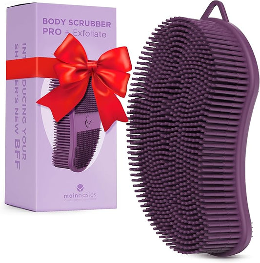 MainBasics Silicone Body Scrubber – Dual-Sided Shower Exfoliator for Men & Women, Gentle Silicone Loofah Alternative for Deep Clean (Purple, Exfoliate)
