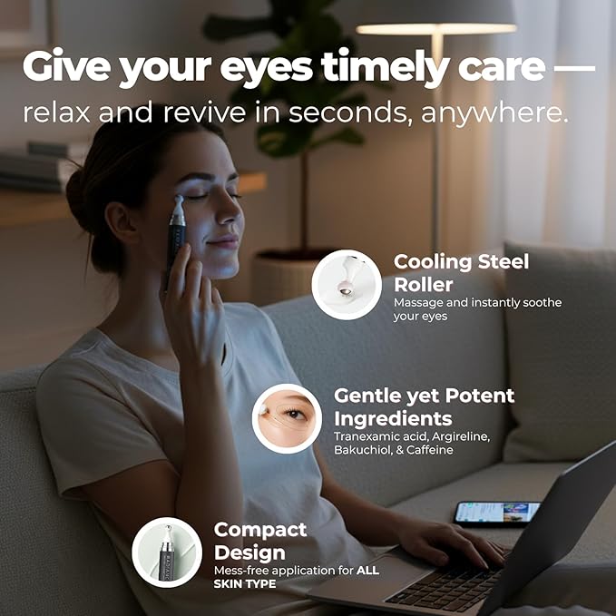 Tranexamic Acid Eye Serum Roller with Bakuchiol, Argireline Peptide, Caffeine for Dark-Circles, Hyperpigmentation,Puffiness, Skin Glow, Fine Line Care, Korean Skin Care 0.5 fl. Oz