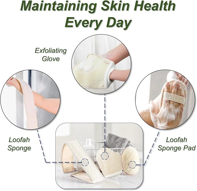 Natural Loofah Sponge, Exfoliating Body Scrubber for Men Women, Loofah with Handle, Exfoliating Back Scrubber for Shower Set, Deeply Clean & Invigorate Your Skin (3 pcs in Box)