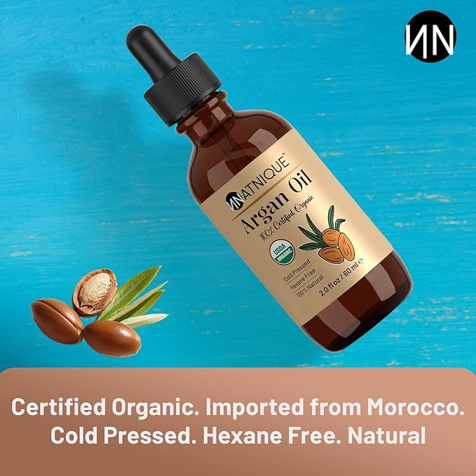 Natnique Organic Argan Oil, 2 oz – Pure Cold-Pressed Moroccan Oil from Morocco for Hair, Skin, Face & Nails – USDA Certified Organic, Virgin Aceite de Argan Cabello, Hexane-Free Moisturizer