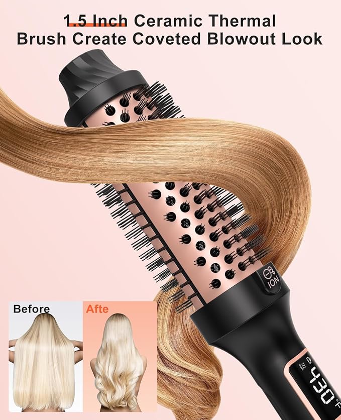 Nimmu Thermal Brush for Blowout Look, 1.5 inch Heated Round Brush, Curling Iron with 10 Temperature Control, Hot Styler Dual Voltage for Travel, Black Gold