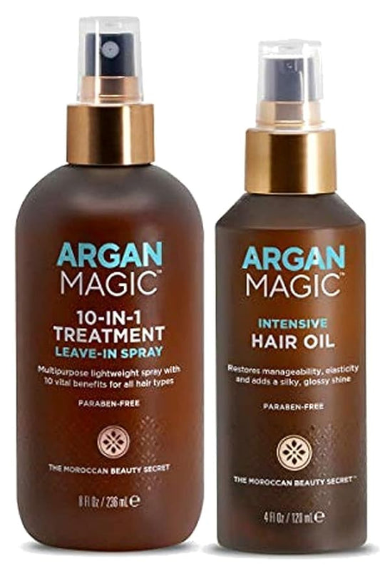 Argan Magic 10 in 1 Treatment Stylizing Spray + Intensive Hair Oil Combo Pack – Multipurpose Leave in Spray for all Hair Types | Hydrating | Made in USA | Paraben Free | Cruelty Free (8 oz / 4 oz)