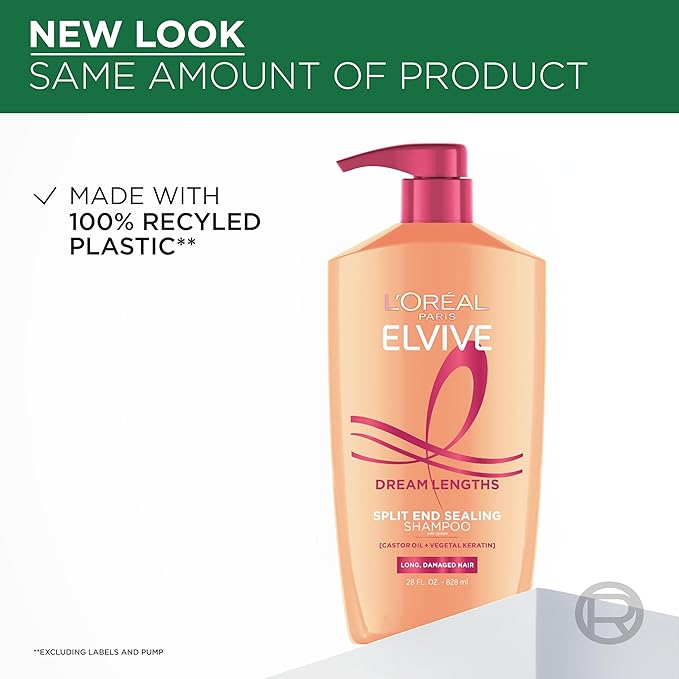 L'Oreal Paris Elvive Dream Lengths Restoring Shampoo With Fine Castor Oil and Vitamins B3 and B5 for Long, Damaged Hair, Visibly Repairs Damage Without Weighdown With System, 28 Fl Ounce