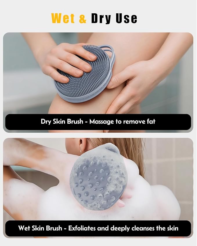 2 in 1 Silicone Body Scrubber, Anti Cellulite Massage Scrubber, Exfoliating Shower Brush for Men & Women, Removes Dead Skin, Reduces Cellulite, Improves Circulation, Fast Dry, Non Slip (1PC, Grey)