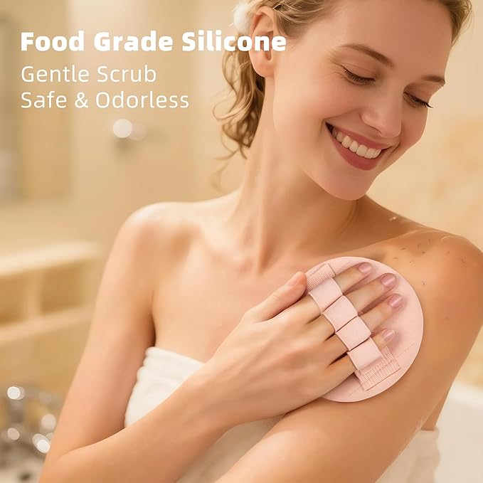 3-Pack Bath Scrubber Kit: 2 Silicone Exfoliating Pats & Double-Sided Long Handle Back Scrubber Bath Puff for Deep Cleansing. (Pink & Black & Pink)