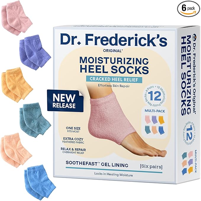 Dr. Frederick's Original Moisturizing Fuzzy Heel Socks for Dry Cracked Heels Treatment - Infused with Olive Oil, Jojoba Oil and Vitamin E - 6 Pairs - Stocking Stuffers for Adults - Variety Pack