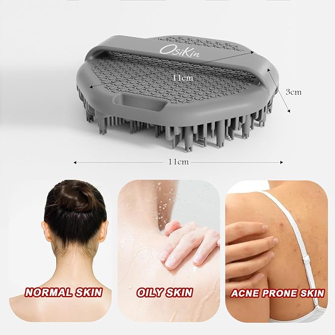 Silicone Body Scrubber Shower Brush, Exfoliating Body Wash Scrubbers for All Skin Types, Ergonomic No-Slip Handle, Exfoliation & Gentle Massage,Body Brush for Showering with Hanging Hole(Gray)