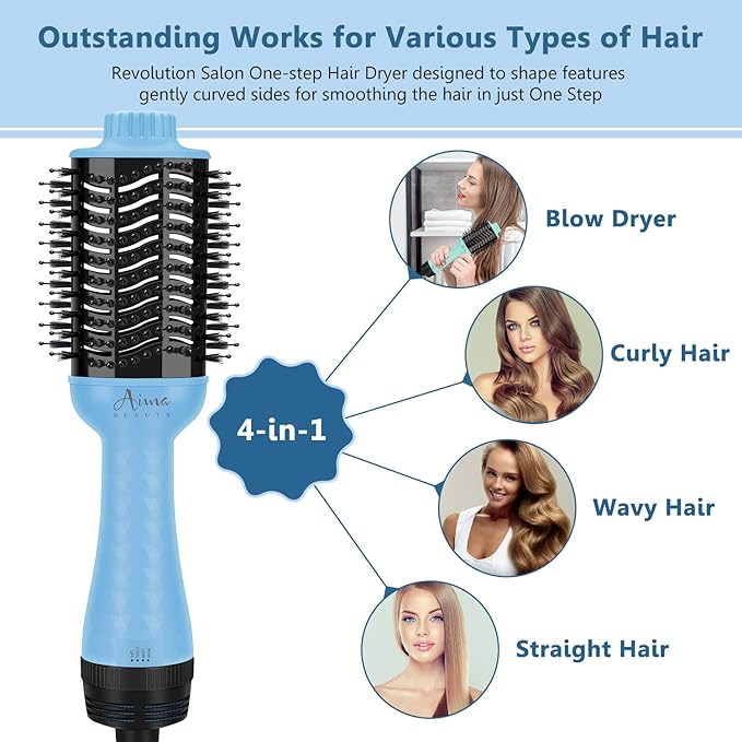 Hot Air Brush, Aima Beauty Salon One-Step Hair Dryer and Volumizer, 4-in-1 Upgrade Hair Dryer Brush, Blue