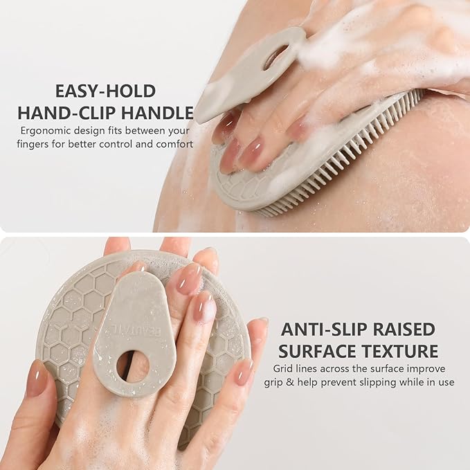 Silicone Body Scrubber with Scrub Net Set, BEAUTAIL 2 Pack for Rich Lather, Deep Cleansing, and Exfoliation – Durable, Easy to Clean, Gentle or Firmer Options – 1 Shower Brush Gray, 1 Scrub Net Gray