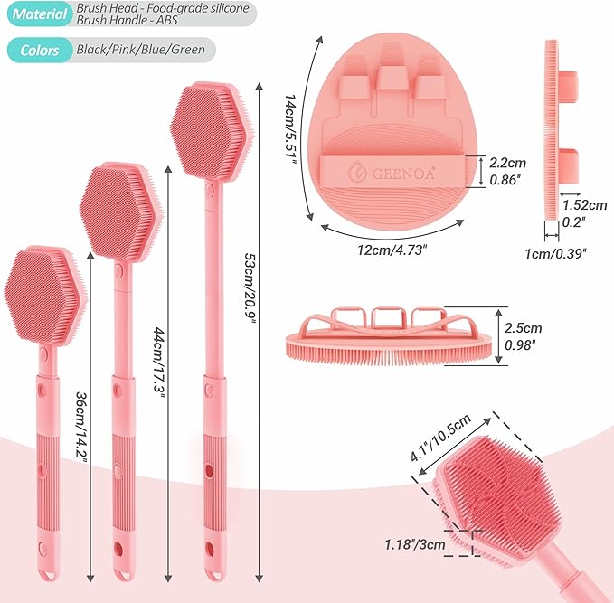 Silicone Back Scrubber & Soft Bath Glove 2PCS, 16''- 21''Extendable Back Scrubber with Dual-Side Large Head, 360° Anti-Slip Hand-fit Silicone Body Scrubber for Rich Foaming Deep Cleaning(Pink)