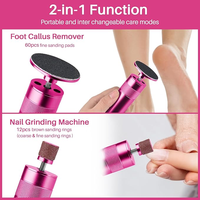 Electric Foot File Tool - Callus Remover for Feet, 2-in-1 Nail Grinder, Adjustable Speed with 60 Sandpaper Discs, Rose