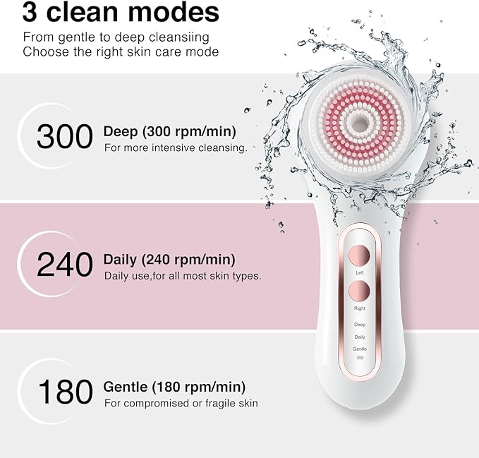 Face Scrubber Exfoliator, Rechargeable Facial Cleansing Brush with 2-Way Rotation & 3 Modes, 30-Day Runtime, 5 Brush Heads for SPA-Level Care, IPX7 Waterproof, Deep Cleaning for All Skin Types
