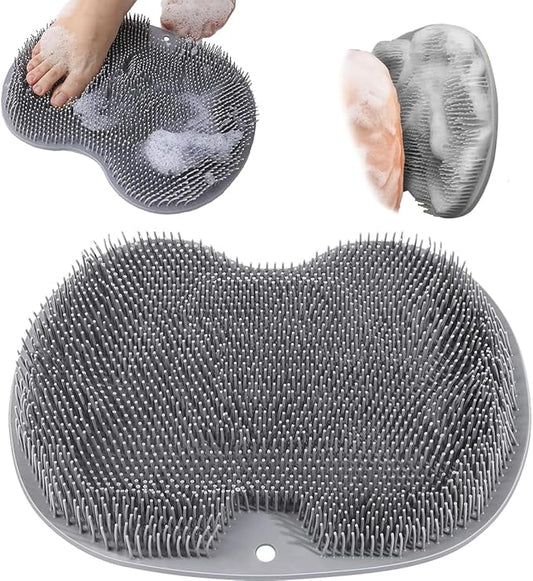 Shower Foot & Back Scrubber, Massage Pad with Suction Cups & Pumice Stone, Multi-Surface Silicone Bath Mat for Exfoliating and Massaging in Shower or Bathtub, 9.8x11.8 Inch (Gray)
