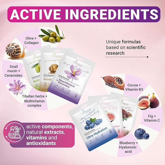 6 Pack of Sheet Face Masks Skincare - Collagen Face Mask Sheets with Hyaluronic Acid, Vitamin C, Snail Mucin - Facial Sheet Mask for Hydrating, Moisturizing, Rejuvenating