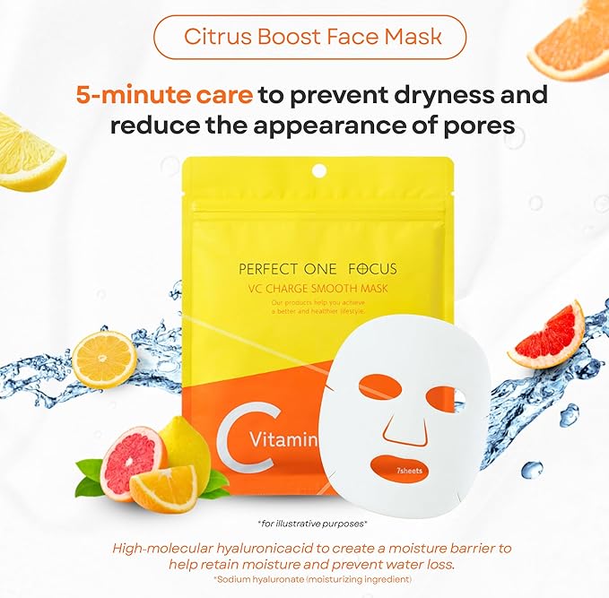 PERFECT ONE FOCUS VC Charge Smooth Mask - Vitamin-Infused Sheet Masks for Skin Care & Pores - Includes 10 Types of Vitamins, Hyaluronic Acid, Ceramides & Niacinamide - Citrus Scent, 7 Sheets