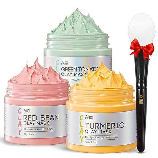 ANAI RUI 3 Pcs Pore Cleansing Face Mask Set,Green Tomato Clay Mask - Turmeric Vitamin C Facial Mask Red Bean Refreshing Pore Mask, Self Care Gifts Christmas Gifts for Women/Teens girls 2.5 oz each