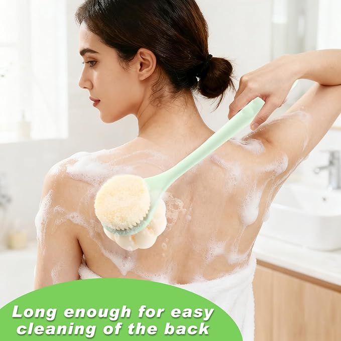 3-Pack Green 15.4" Long Handle Dual Sided Bath Brushes with Soft Bristles and Beautiful Pumpkin Loofah for Gentle Deep Cleansing