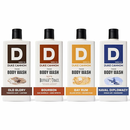 Duke Cannon Supply Co. Thick High Viscosity Body Wash - 3X Thicker, Plant-Based, Mineral-Enriched Body Wash for Men - Bourbon, Naval Diplomacy, Old Glory, & Bay Rum