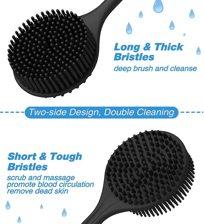 Silicone Back Scrubber for Shower, Double Sided Shower Brush for Shower Exfoliating and Massage Can Produce Rich Foam, 15-inch Men's Long Handle Body Brush, Long Lasting Bath & Shower Accessories