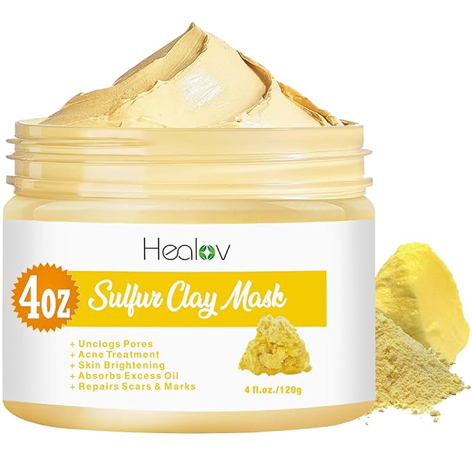Sulfur Face Mask – All Natural Sulfur Facial Clay Mask – Glowing Skincare For Acne, Spots, Oily Skin – Sulfur Acne Cream Absorbs Excess Oil and Unclogs Pores – Kaolin Mask Treatment