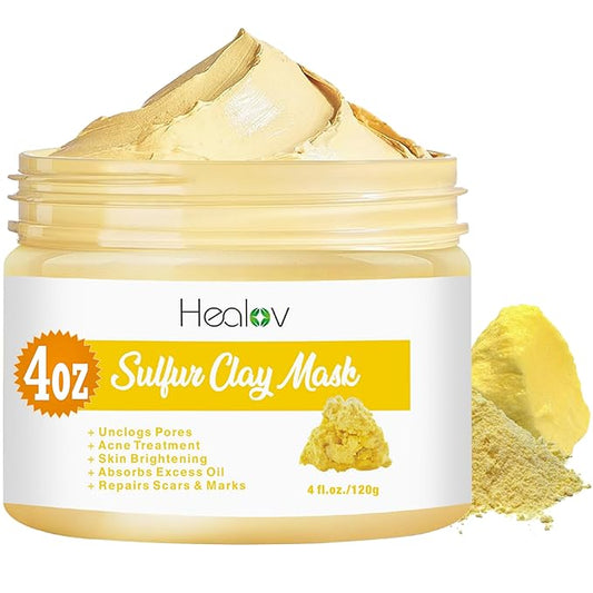 Sulfur Face Mask – All Natural Sulfur Facial Clay Mask – Glowing Skincare For Acne, Spots, Oily Skin – Sulfur Acne Cream Absorbs Excess Oil and Unclogs Pores – Kaolin Mask Treatment
