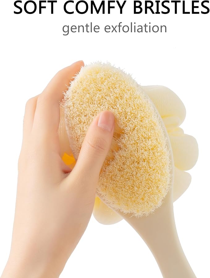 Shower Body Brush with Bristles and Large Pumpkin Loofah,Back Scrubber Bath Mesh Sponge with Anti-Slip Curved Long Handle for Skin Exfoliating,Massage Bristles for Wet or Dry,Men Women (White)