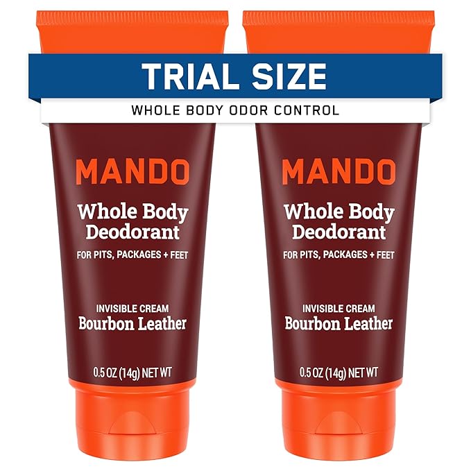 Mando Whole Body Deodorant - Mini Travel Size Invisible Cream Tube - 72 Hour Odor Control - Aluminum and Baking Soda Free, Skin Safe - .5 oz (Pack of 2) (Bourbon Leather)