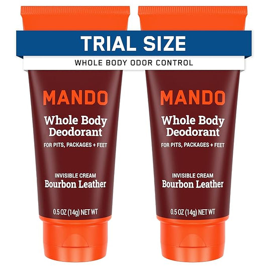 Mando Whole Body Deodorant - Mini Travel Size Invisible Cream Tube - 72 Hour Odor Control - Aluminum and Baking Soda Free, Skin Safe - .5 oz (Pack of 2) (Bourbon Leather)