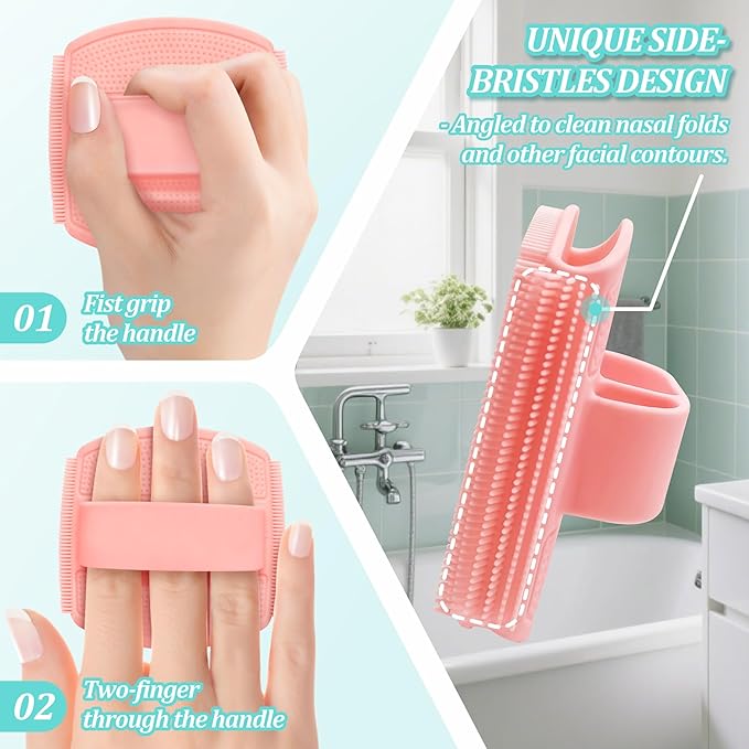 Soft Silicone Bath Glove & Face Scrubber Set 2PCS, 360° Anti-Slip & Hand-fit Body Scrubber for Rich Foaming Deep Cleaning, Unique Facial Scrubber with Side-bristles for Contoured Areas.(Pink)