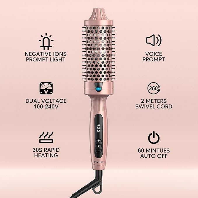 Terviiix 1.77 Inch Thermal Brush, Double MCH Ceramic Hot Brush Tourmaline Ionic 2 in 1 Heated Hair Curling Wand, Digital Display 9 Temperatures Curling Iron Dual Voltage for Long Hair