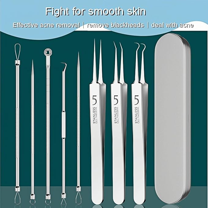 8-Piece Blackhead Remover Tool Kit - Professional Pimple Popper Extractor Set for Acne, Comedones, Whiteheads & Blemishes - Stainless Steel with Metal Case