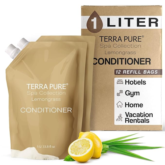 Terra Pure Spa Collection 1 Liter Conditioner Refill Bag For Soap Dispensers | Bulk Toiletries for Vacation Rentals, and Home Bathroom Showers | Green Tea Lemongrass | Set of 12