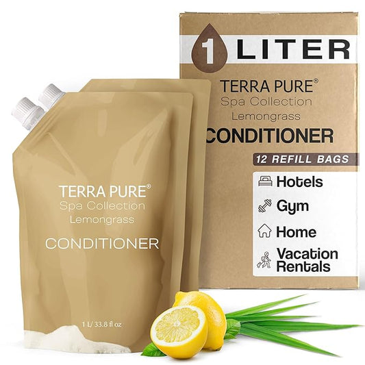 Terra Pure Spa Collection 1 Liter Conditioner Refill Bag For Soap Dispensers | Bulk Toiletries for Vacation Rentals, and Home Bathroom Showers | Green Tea Lemongrass | Set of 12