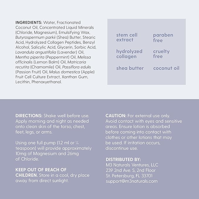 M3 Naturals Lavender & Chamomile Magnesium Lotion for Sleep, Relaxing Nightime Cream for Leg Cramps, Sore Feet and Joints | with Moisturizing Shea Butter, Coconut Oil, Collagen, Stem Cells, 8 fl oz