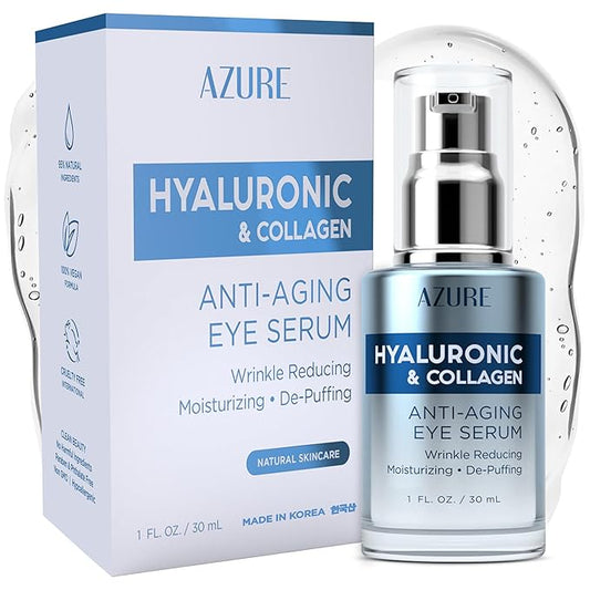 AZURE Hyaluronic & Collagen Anti Aging Eye Serum - Moisturizing, Replenishing & De-Puffing | Reduces Wrinkles, Fine Lines & Under Eye Bags | Locks In Moisture Hydrating Skin | Made in Korea - 30mL