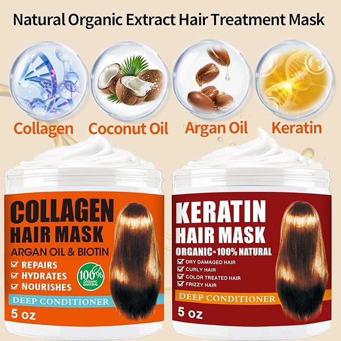 2 Pack Collagen Hair Mask & Keratin Hair Mask,Keratin Hair Treatment,Repair Treatment Deep Conditioning Hair Treatment Mask for Damaged Hair,Hydrating Conditioner with Argan Oil for Dry Hair