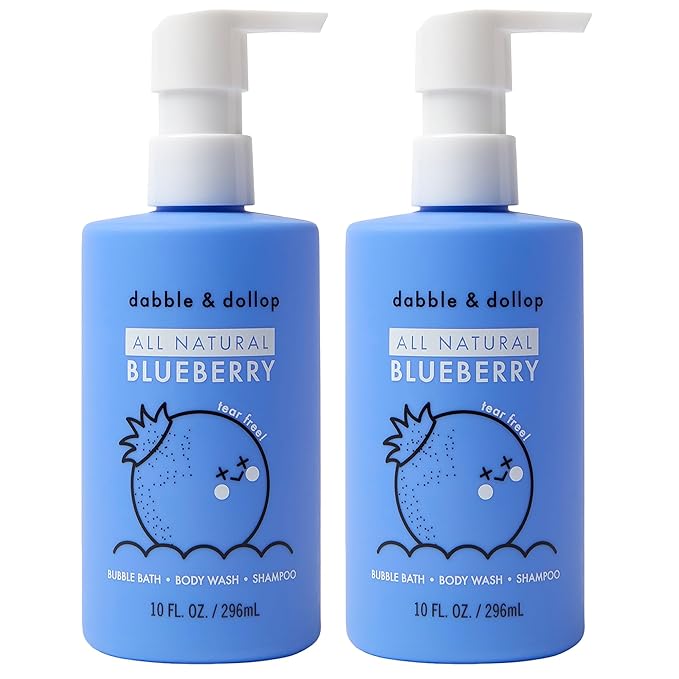 Dabble & Dollop Blueberry Body Wash & Shampoo - 3 in 1 Natural Bubble Bath for Kids, USA-Made, Paraben & Sulfate Free, Vegan, Gluten-Free, Tear-Free (10oz, Pack of 2)
