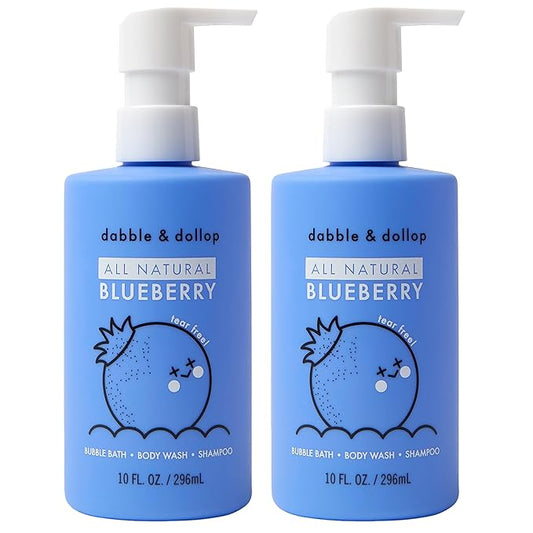 Dabble & Dollop Blueberry Body Wash & Shampoo - 3 in 1 Natural Bubble Bath for Kids, USA-Made, Paraben & Sulfate Free, Vegan, Gluten-Free, Tear-Free (10oz, Pack of 2)