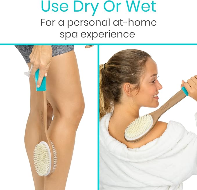 Vive Back Scrubber for Shower – Long Handle Dry Brushing Body Brush with Soft & Stiff Bristles – Exfoliating Shower Loofah & Bath Scrubber Cleaner for Women, Men, Elderly – Antiskid Grip