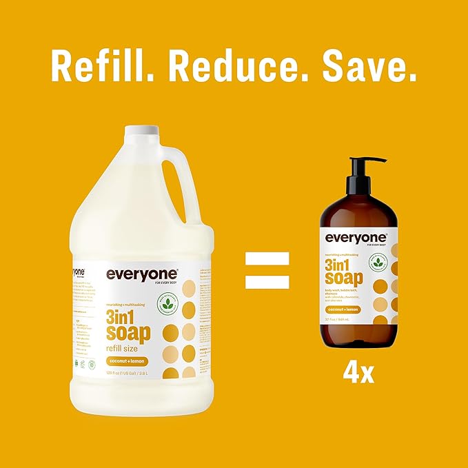 Everyone 3-in-1 Soap, Body Wash, Bubble Bath, Shampoo, 1 Gallon, Coconut and Lemon, made with Essential Oils for Men and Women