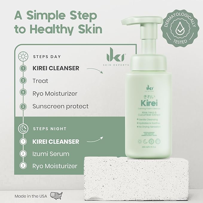 IKI Kirei Foam Cleanser - Gentle Face Wash for Women with Aloe Vera & Cucumber Extract, Hydrating & Soothing, Dermatologically Tested, Suitable for Sensitive Skin, Paraben-Free