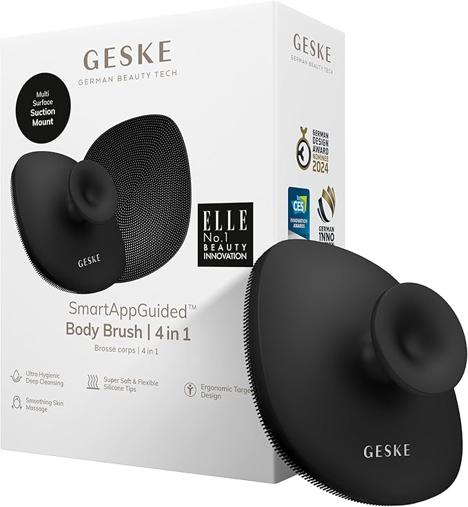 GESKE Body Brush | 4 in 1 | Cleansing Brush for The Entire Body | Professional Deep Cleaning | Soft Silicone Bristles | Ergonomic Two-Finger Design | Cleanses & Massages