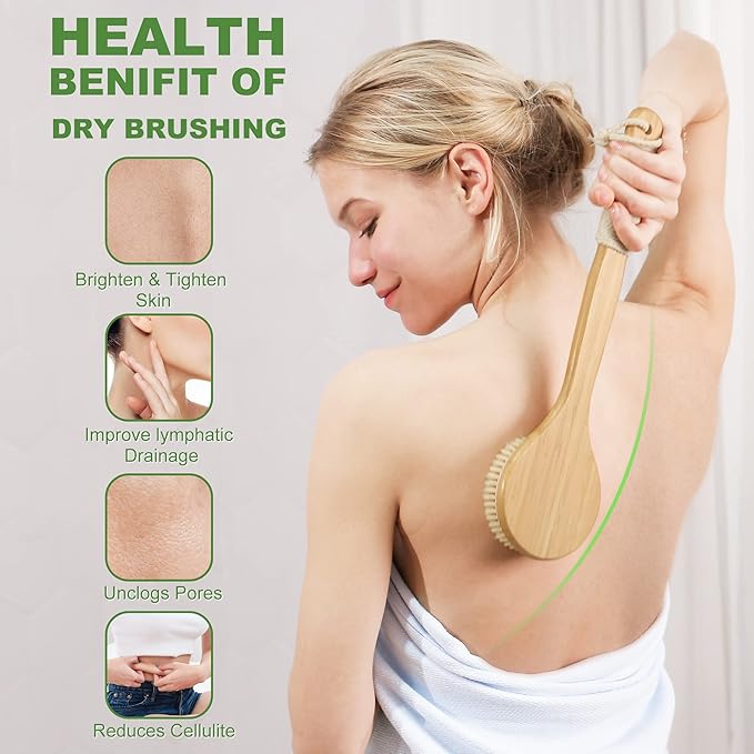 Dry Brushing Body Brush, Natural Boar Bristle Dry Brush, Bamboo Exfoliating Body, Face, Foot, Long Handle Back Scrubber Brush, Meridian Pressure for Lymphatic, Cellulite