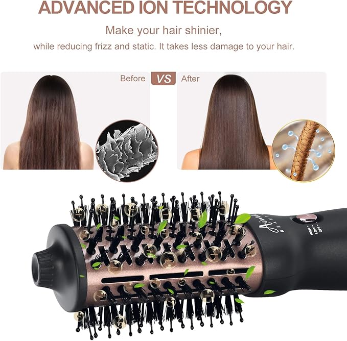Aima Beauty 4 in 1 Worldwide Travel Hot Air Brush Dual Voltage Blowout Brush Oval Shape 110-120V/220-240V Straightener Blow Dryer Brush Negative Ionic Lock Moisture Gift 360° Swivel Cord Black