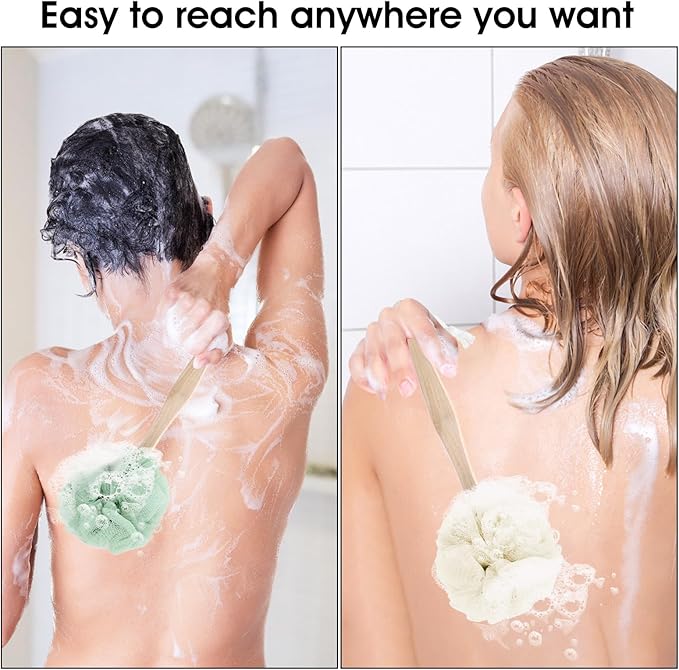 8 Pack Large Bath Puff Loofah Sponge with Long Handle Shower Loofah, Bath Body Back Brush